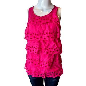 Elle Womens Ruffle Layered Blouse Top Eyelet Cotton Round Neck Cotton Pink XS
